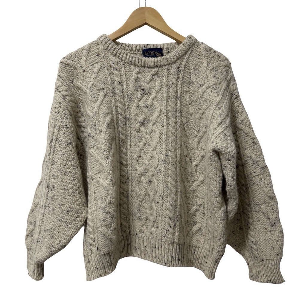 Vintage Acorn Heavy British Wool Cable Knit Fisherman‎ Sweater Size M Off White